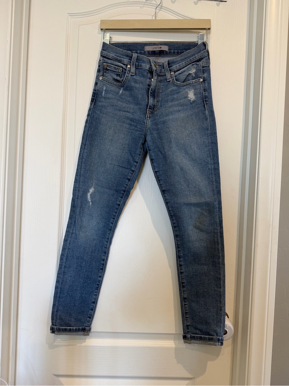 Joe's Jeans Women's High Waisted Mid Wash Blue with Distressed Detail